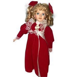 Vintage Porcelain Doll with Stand 16" Curls Velvet Dress